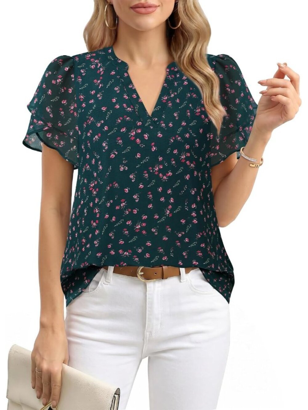 Women's Floral Teal Polyester Puff Petal Short Sleeve Dressy Chiffon Blouse